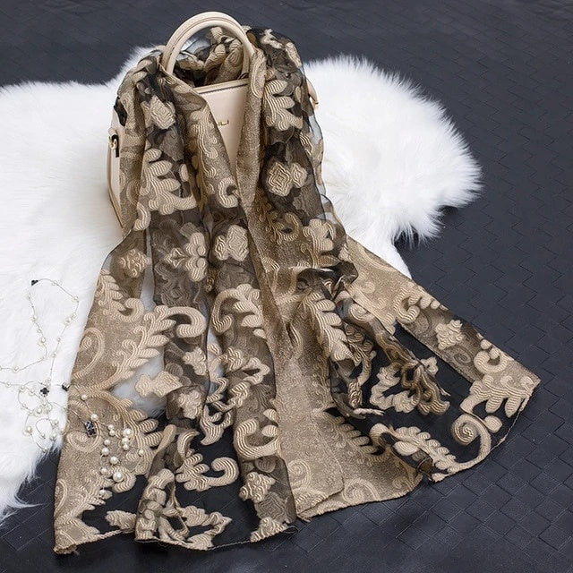 Hollow Cut Organza Silk Scarf – Lightweight & Stylish for Women