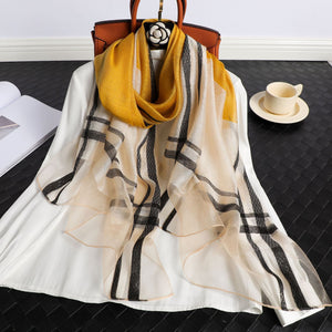 Women's Korean Style Silk Plaid Scarf – Elegant, Lightweight & Stylish (190x70cm)