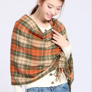 Women's Winter Cashmere Scarf – Fringed Plaid Shawl Collar Wrap