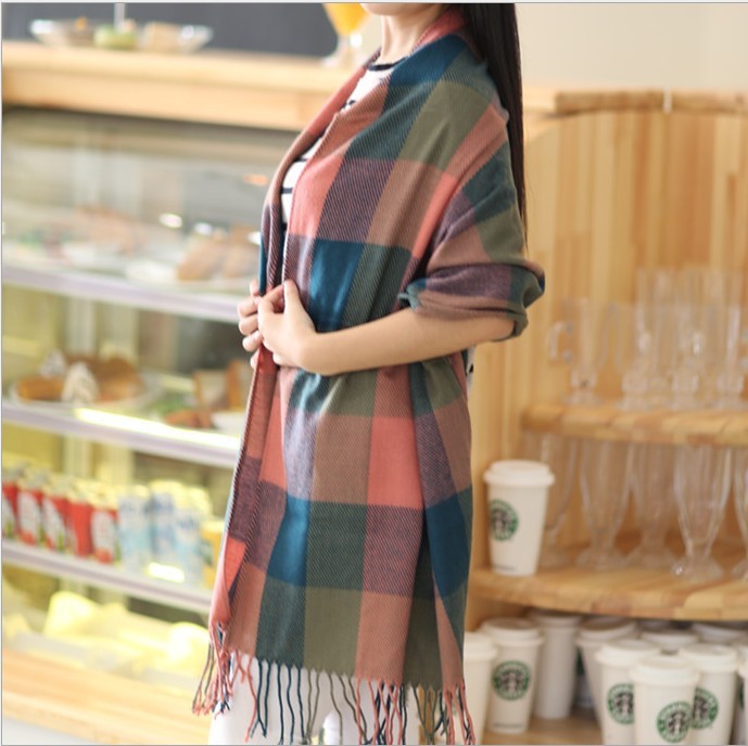 Women's Winter Cashmere Scarf – Fringed Plaid Shawl Collar Wrap