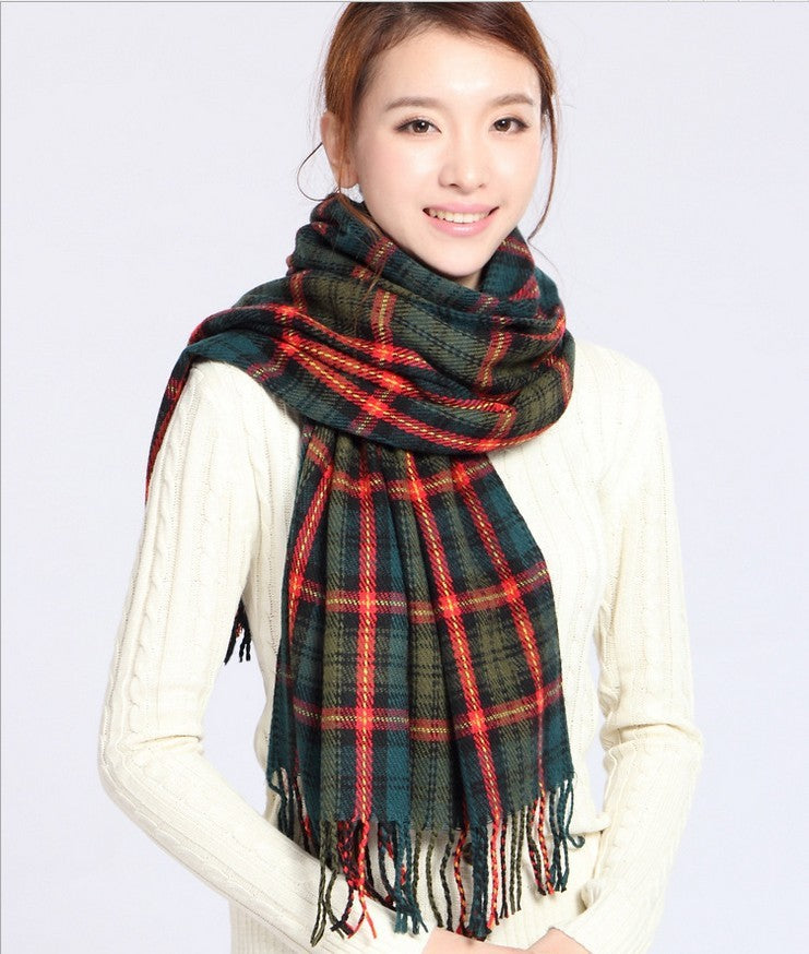 Women's Winter Cashmere Scarf – Fringed Plaid Shawl Collar Wrap