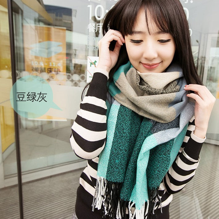 Women's Winter Cashmere Scarf – Fringed Plaid Shawl Collar Wrap