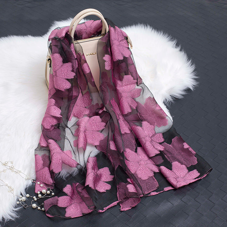 Hollow Cut Organza Silk Scarf – Lightweight & Stylish for Women