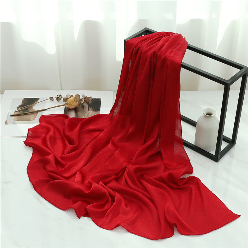Solid Color Silk Scarf – Elegant Crepe Polyester Wrap for All Seasons (180x70cm)