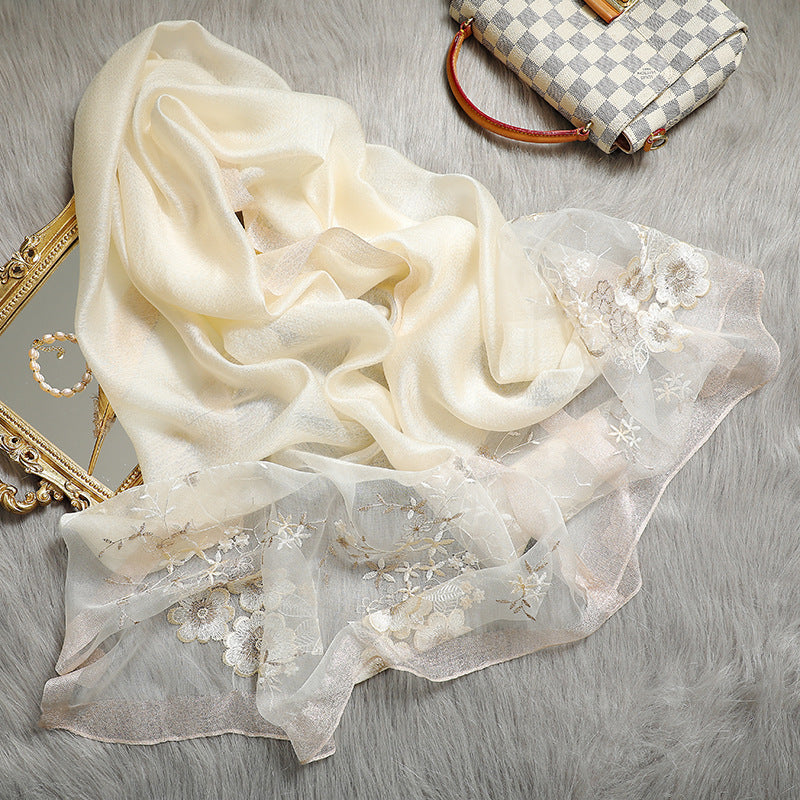 Elegant Silk Embroidered Scarf – Luxurious Twill Weave with Floral Detailing