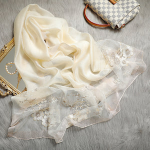 Elegant Silk Embroidered Scarf – Luxurious Twill Weave with Floral Detailing