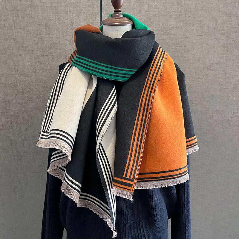 Color Matching Fashion Cashmere-Feel Scarf – Thickened Winter Warmth for Women