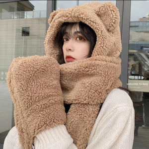 Bear Ears Plush Scarf, Hat & Gloves Set – Cute & Warm for Winter