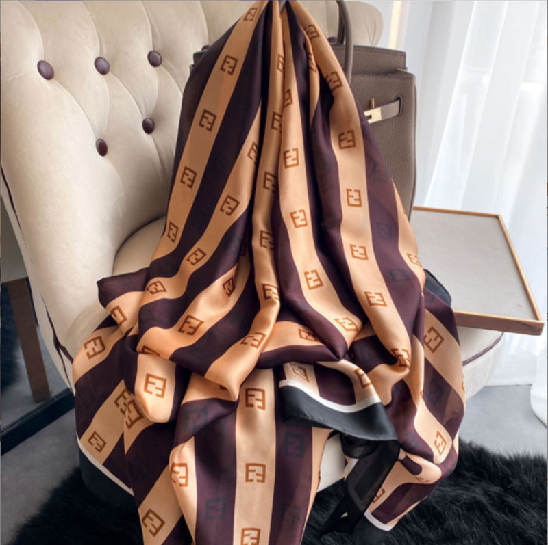 Monogram Satin Faux Silk Shawl – Elegant Geometric Print Wrap (90x180cm)
