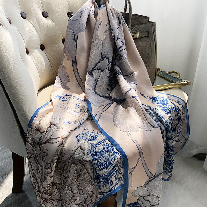 Elegant French Satin Silk Scarf – Luxurious Long Shawl for Women (Dual-Use Wrap)