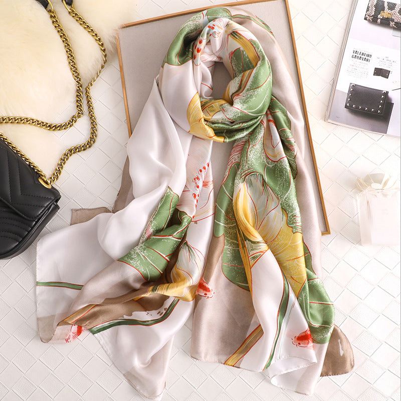 Elegant Lotus Silk Scarf – Lightweight Sunscreen Wrap for Women