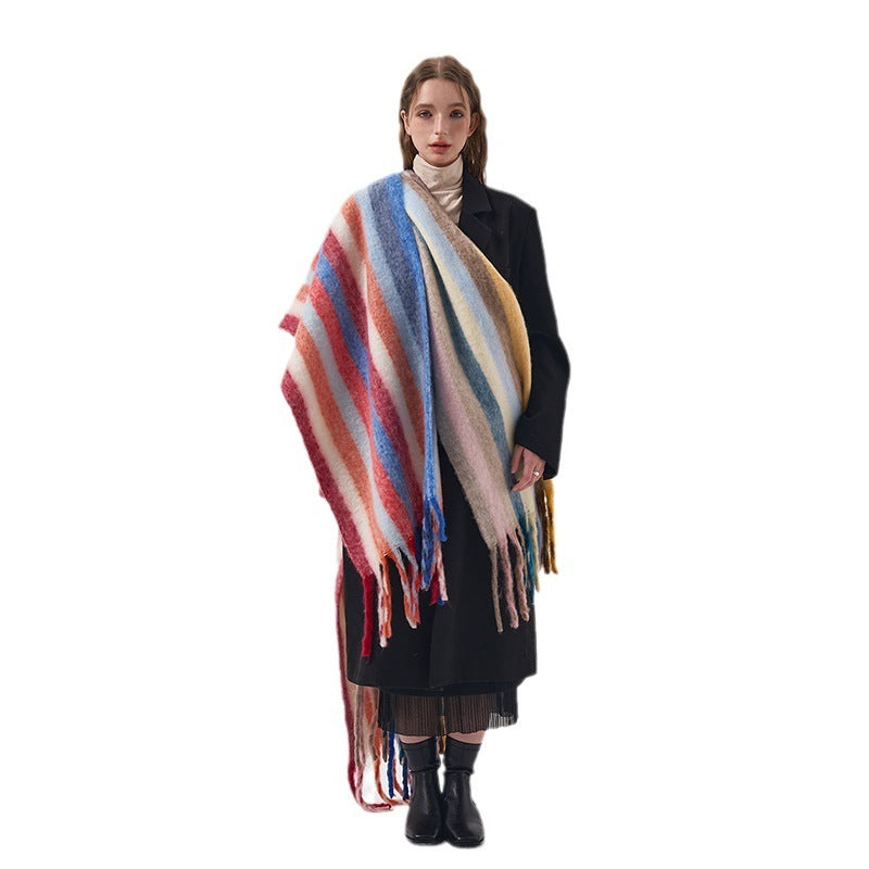 Rainbow Color-Blocking Striped Scarf – Winter Korean Style