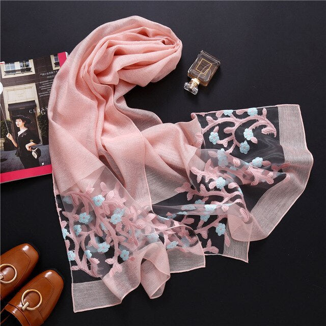 Luxury Hollow Embroidery Silk-Like Scarf – Elegant Shawl & Wrap for Women (190x70cm)