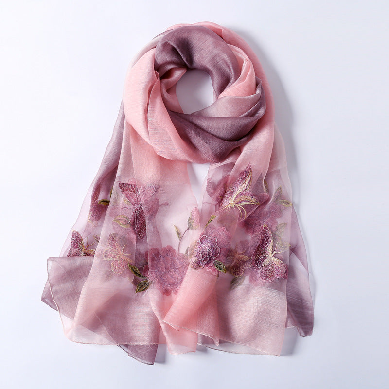 Women's Embroidered Silk Scarf – Elegant Gradient Wrap (190x80cm)
