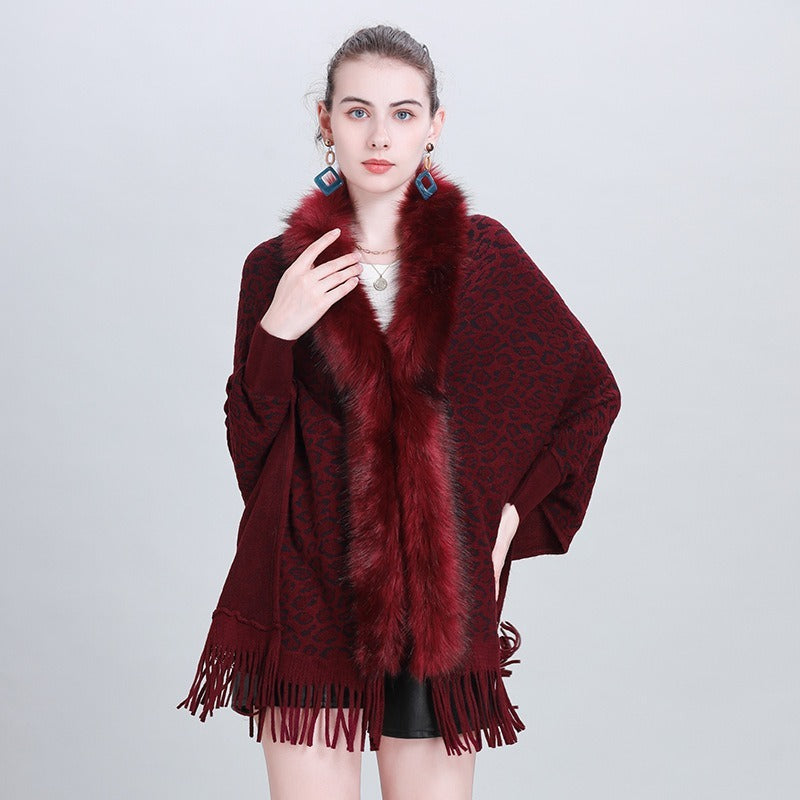 Faux Fur Collar Knitted Shawl – Cozy & Stylish for Autumn and Winter