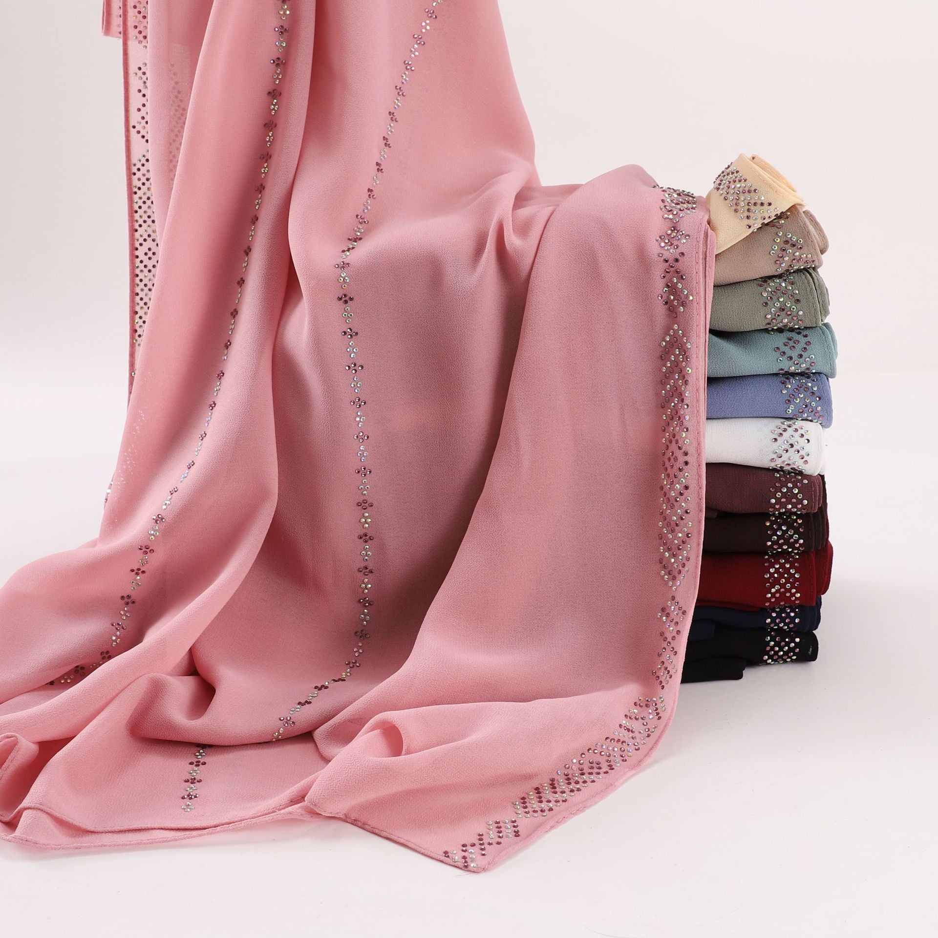 Elegant Pearl-Embellished Chiffon Scarf – Lightweight & Stylish (175x70cm)