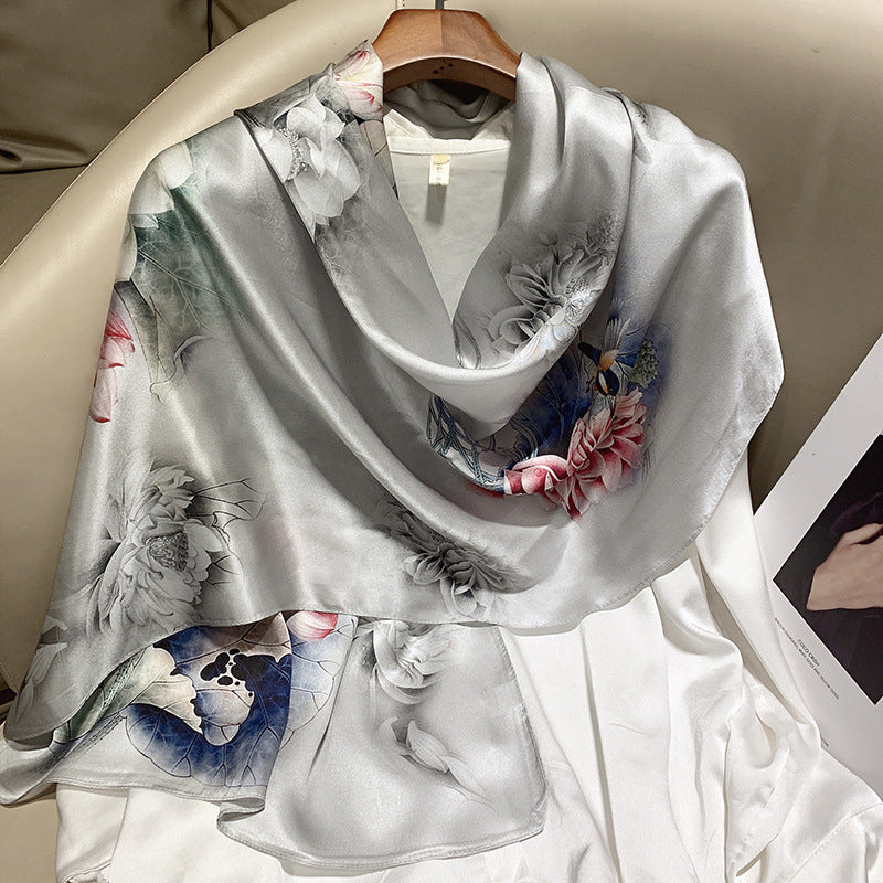 Hangzhou Silk High-End Long Scarf – Elegant Printed Silk Scarf for Women (173x55cm)