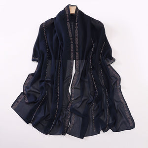 Elegant Pearl-Embellished Chiffon Scarf – Lightweight & Stylish (175x70cm)
