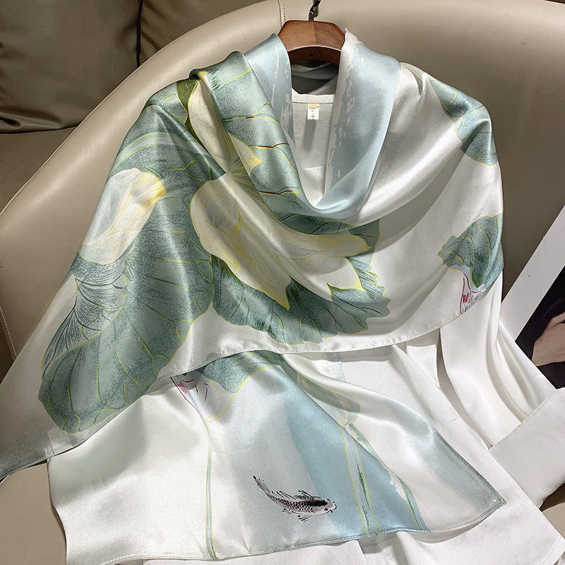 Hangzhou Silk High-End Long Scarf – Elegant Printed Silk Scarf for Women (173x55cm)