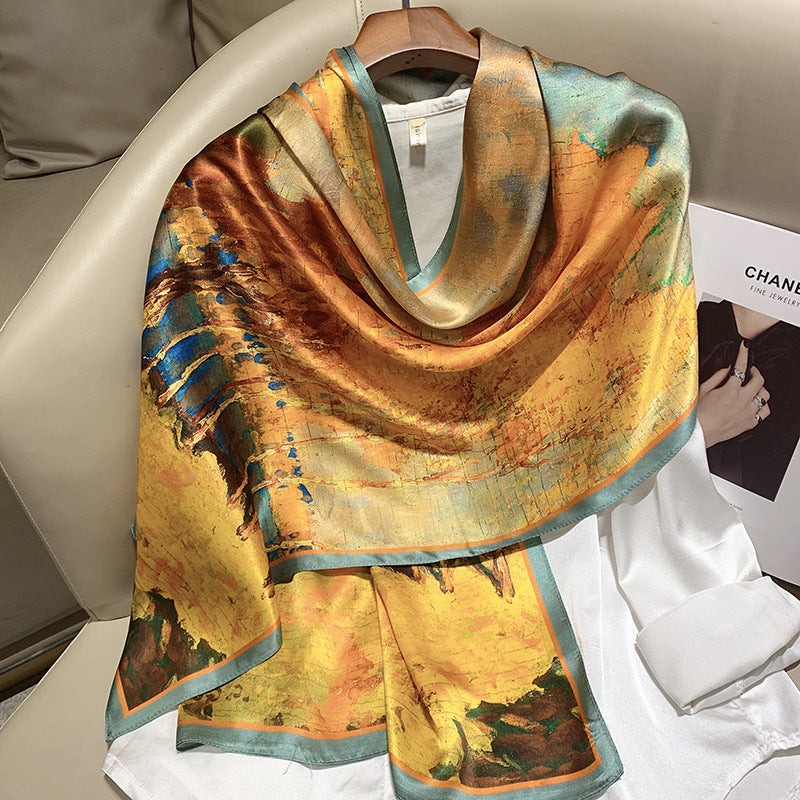 Hangzhou Silk High-End Long Scarf – Elegant Printed Silk Scarf for Women (173x55cm)
