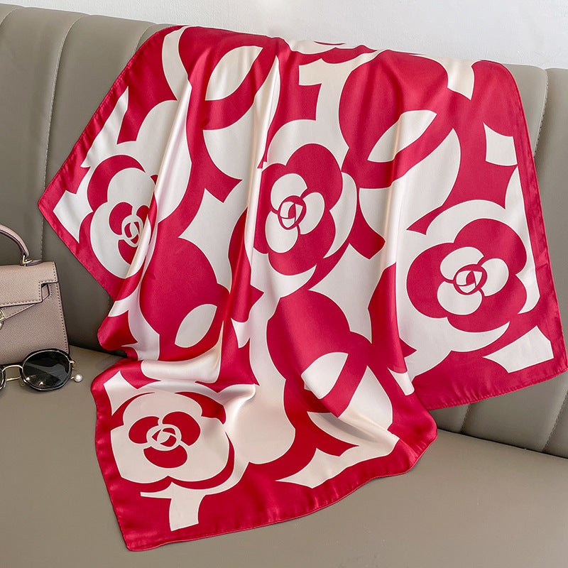 Elegant Camellia Print Silk Headscarf – Fashionable Square Scarf (70x70cm)