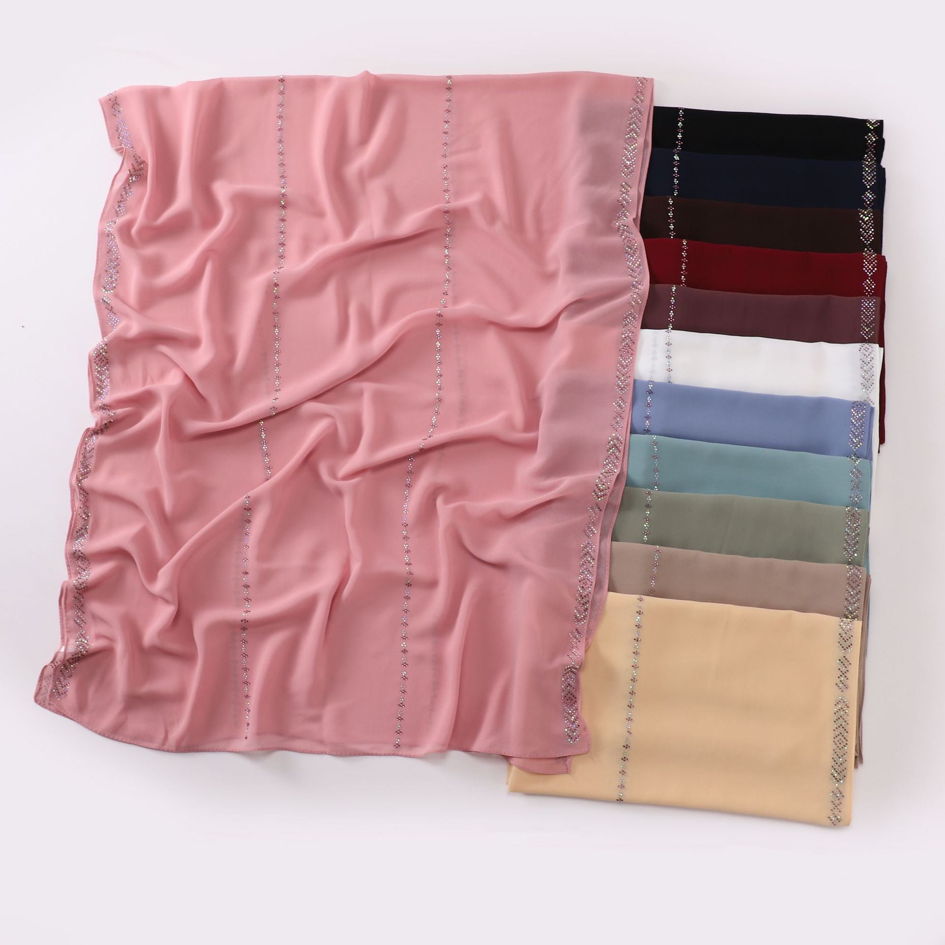 Elegant Pearl-Embellished Chiffon Scarf – Lightweight & Stylish (175x70cm)