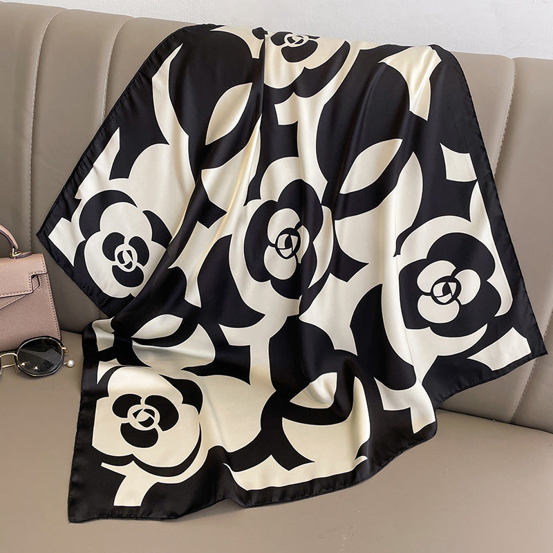 Elegant Camellia Print Silk Headscarf – Fashionable Square Scarf (70x70cm)