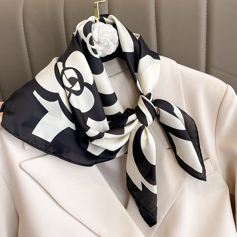 Elegant Camellia Print Silk Headscarf – Fashionable Square Scarf (70x70cm)