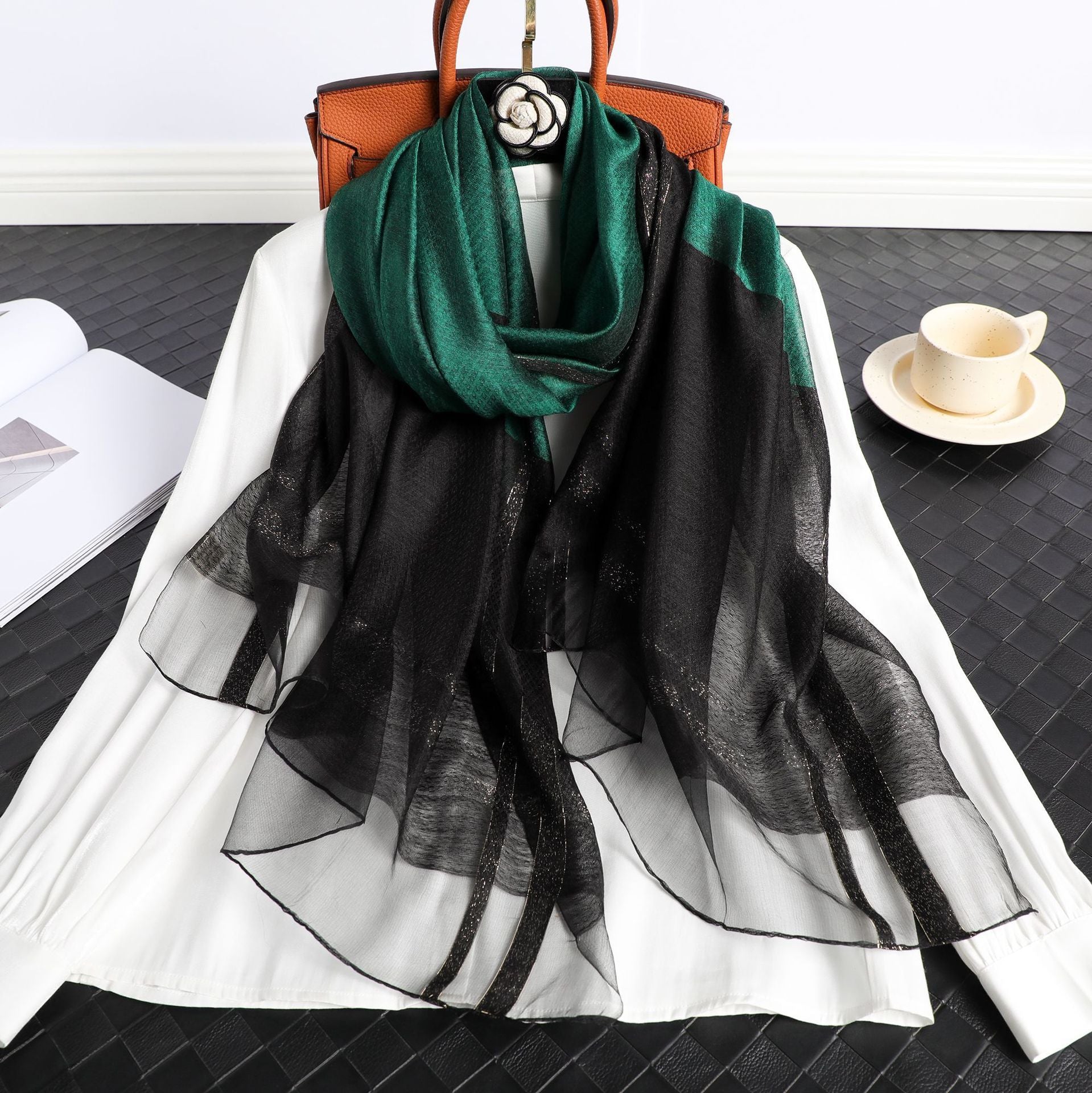 Women's Korean Style Silk Plaid Scarf – Elegant, Lightweight & Stylish (190x70cm)