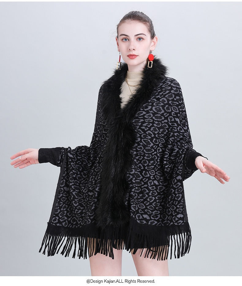 Faux Fur Collar Knitted Shawl – Cozy & Stylish for Autumn and Winter
