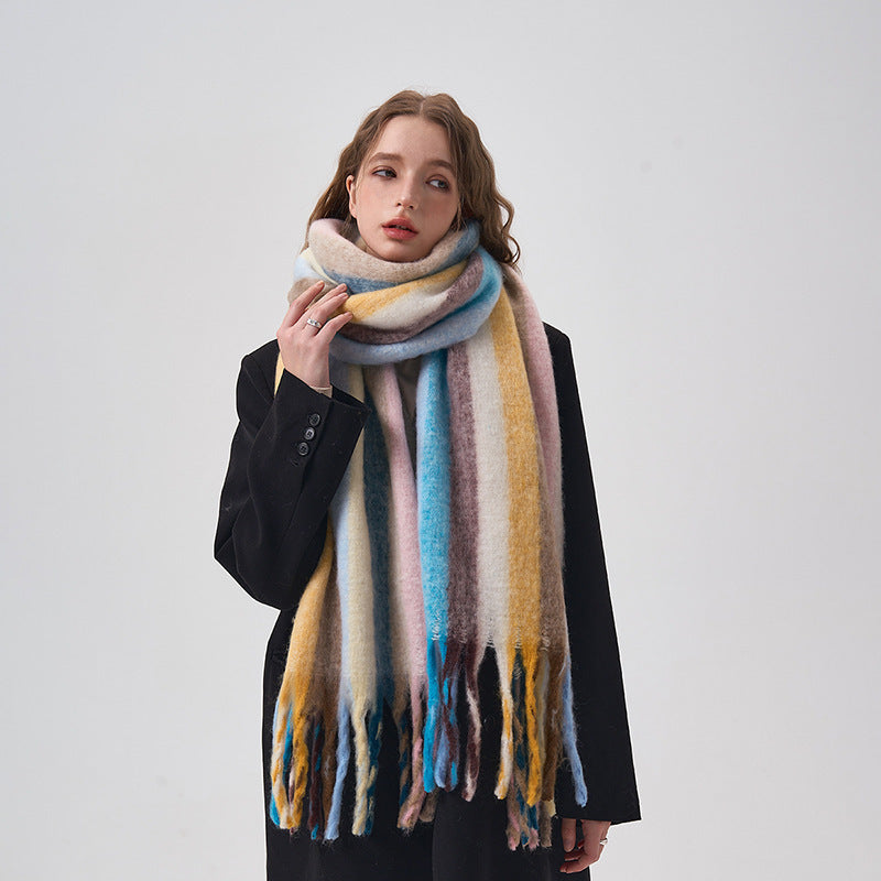 Rainbow Color-Blocking Striped Scarf – Winter Korean Style