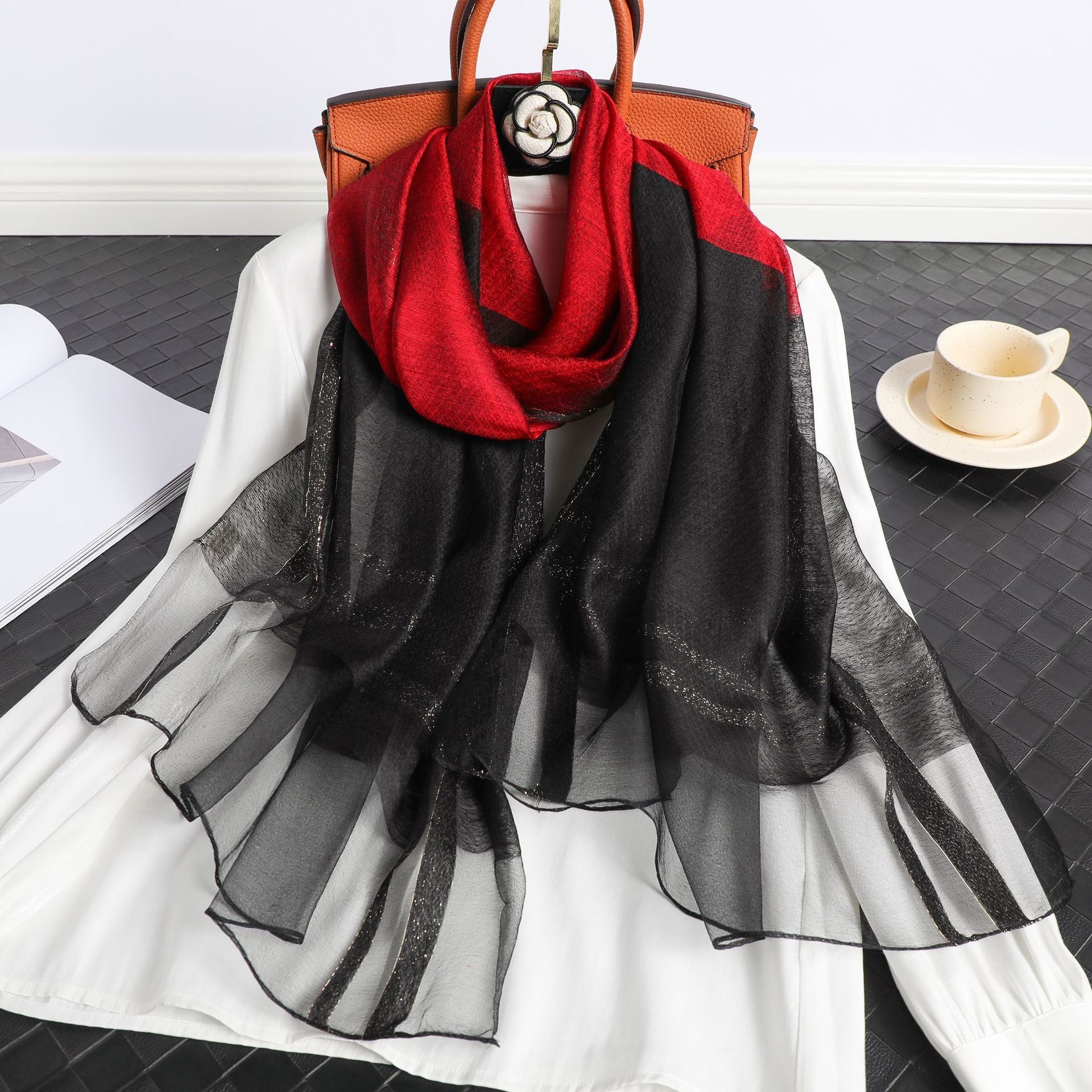 Women's Korean Style Silk Plaid Scarf – Elegant, Lightweight & Stylish (190x70cm)