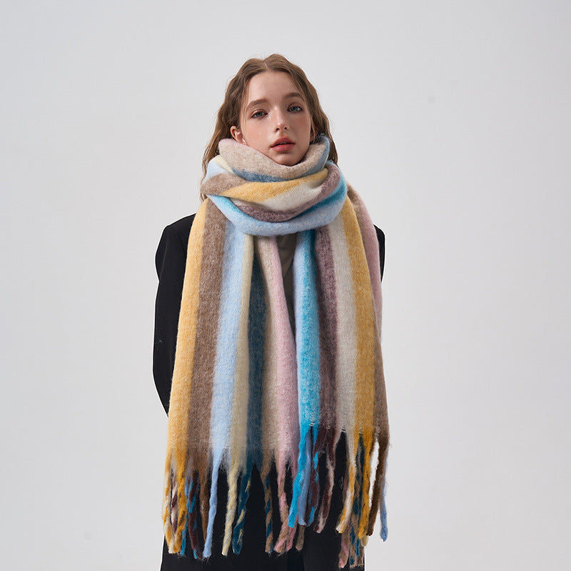 Rainbow Color-Blocking Striped Scarf – Winter Korean Style