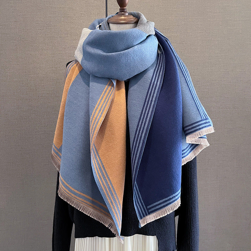 Color Matching Fashion Cashmere-Feel Scarf – Thickened Winter Warmth for Women