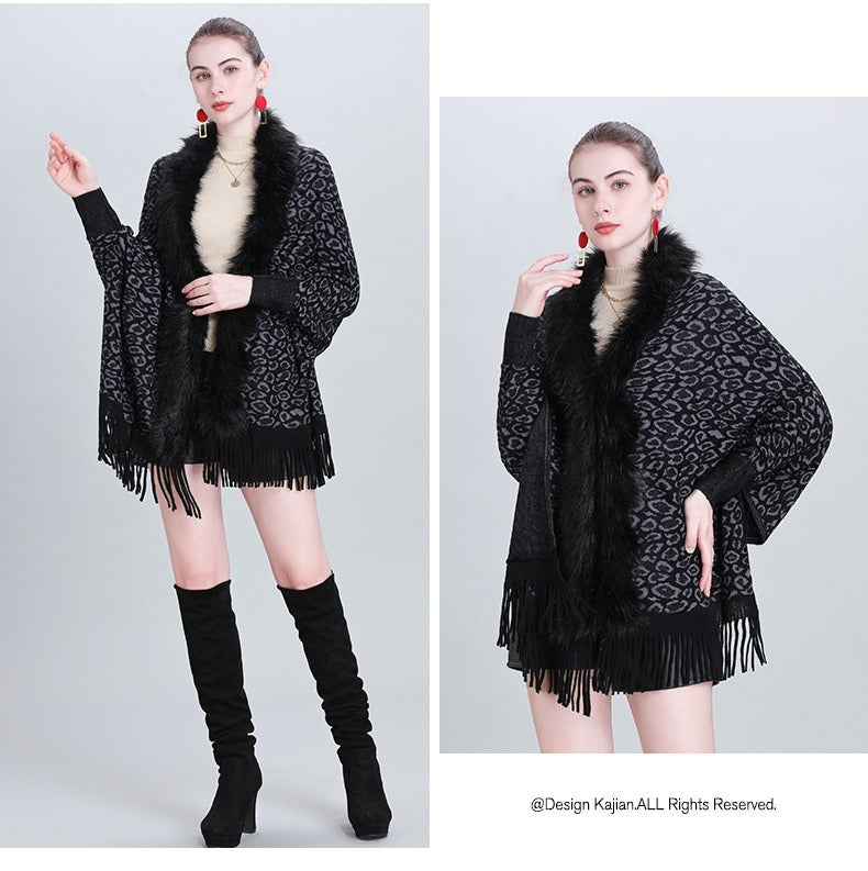 Faux Fur Collar Knitted Shawl – Cozy & Stylish for Autumn and Winter