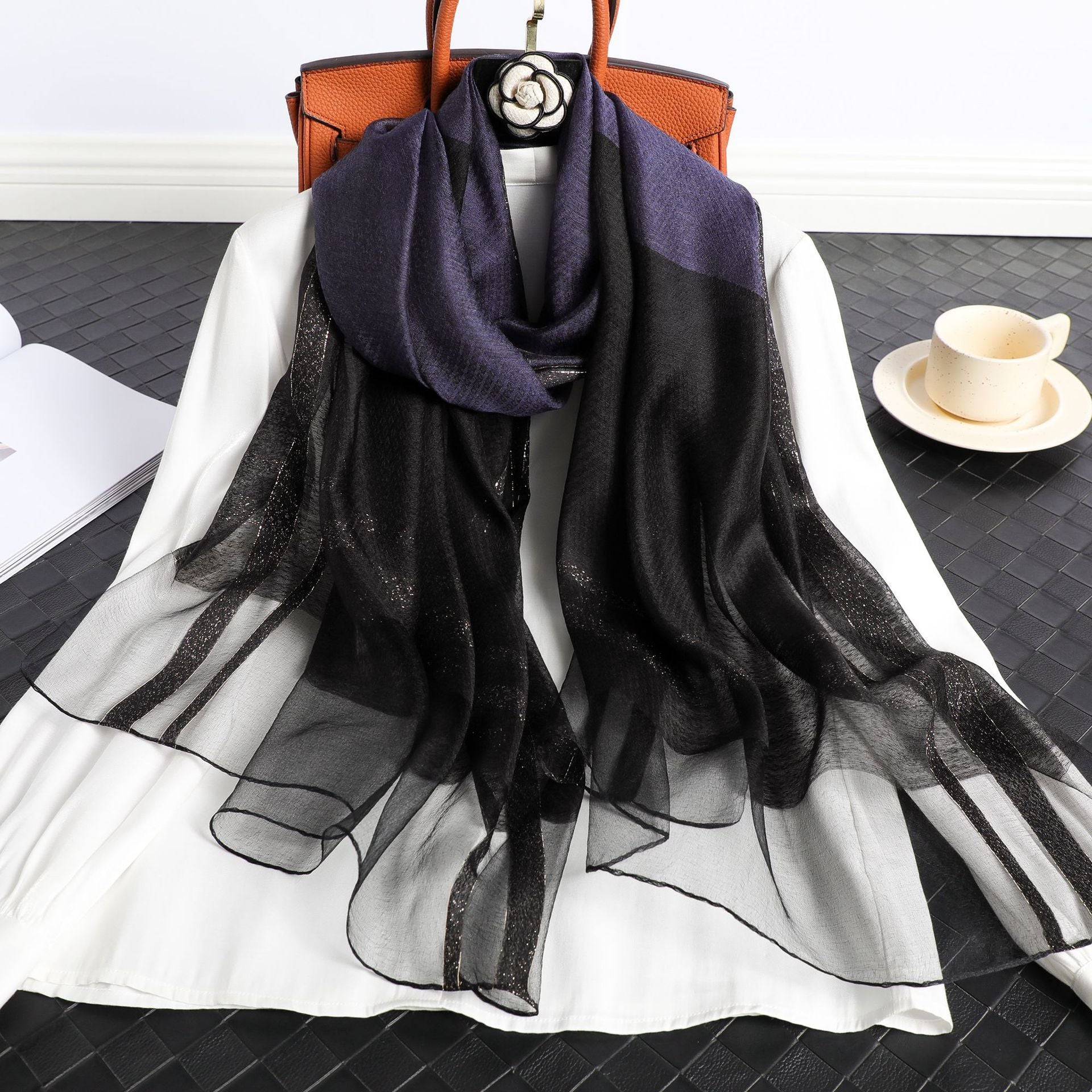 Women's Korean Style Silk Plaid Scarf – Elegant, Lightweight & Stylish (190x70cm)