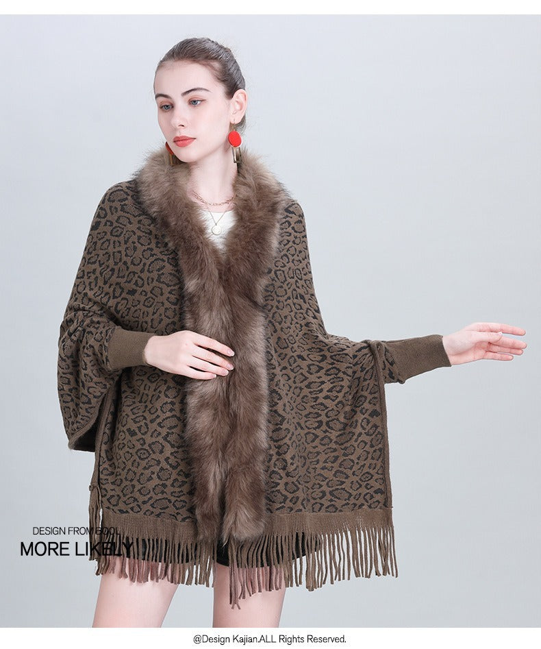 Faux Fur Collar Knitted Shawl – Cozy & Stylish for Autumn and Winter