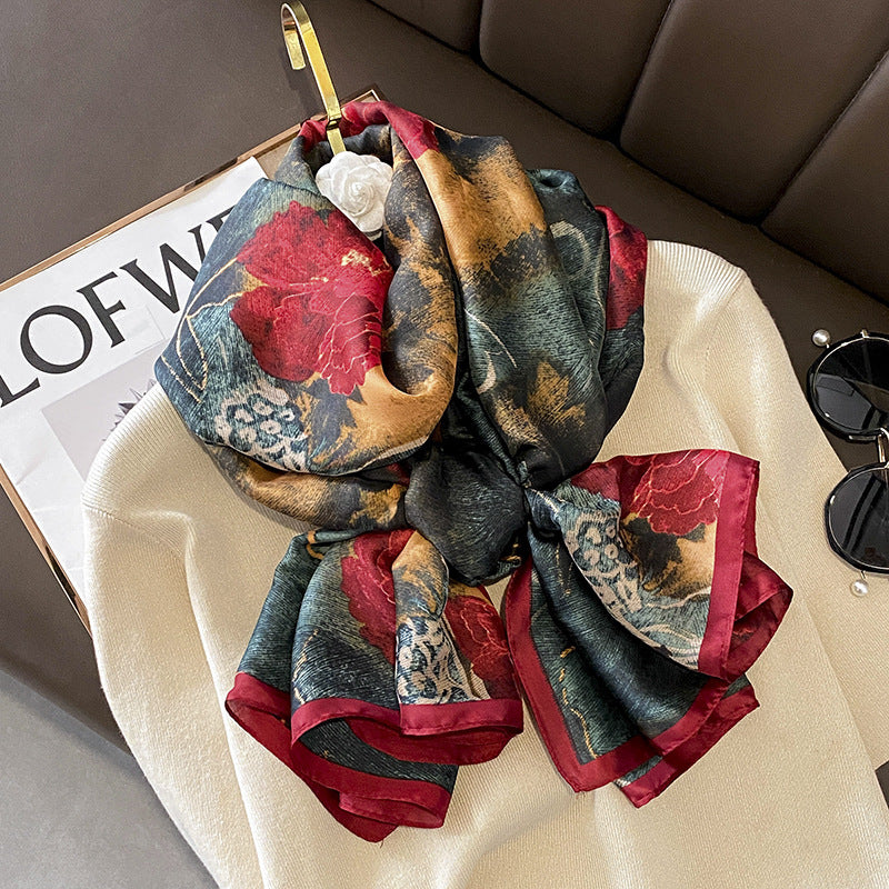 Floral Lightweight Sunscreen Imitated Silk Scarf